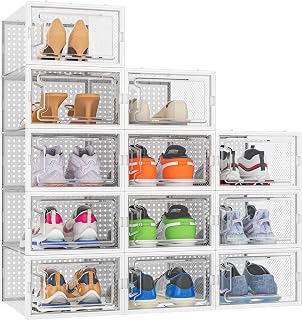 Shoe Storage Box, 12 pcs Stackable Shoe Boxes Clear Plastic, Fit UK 9.5 | Shoe Organizer Shoe Containers with Lids for Women/Men, White