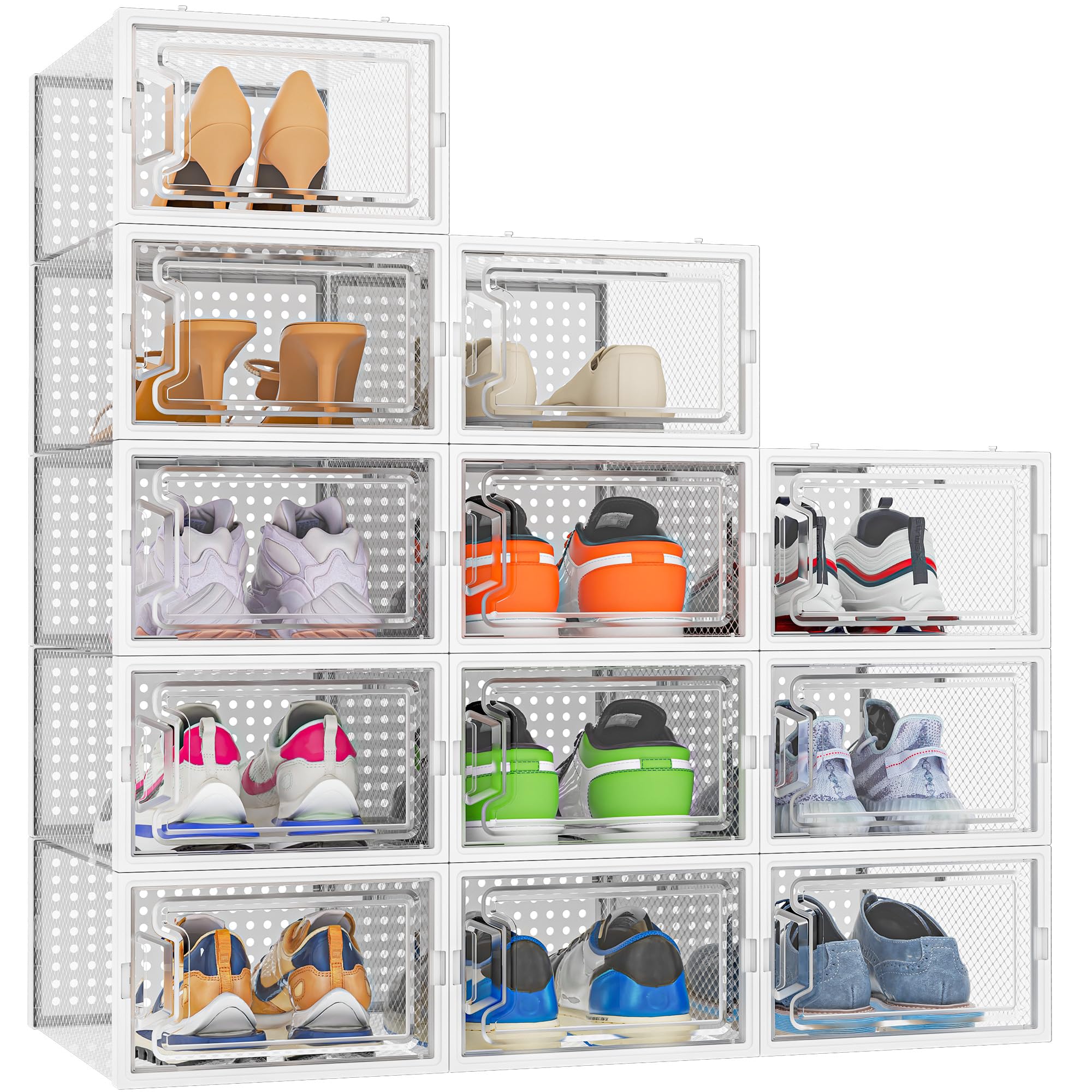 Shoe Storage Box, 12 pcs Stackable Shoe Boxes Clear Plastic, Fit UK 9.5 | Shoe O