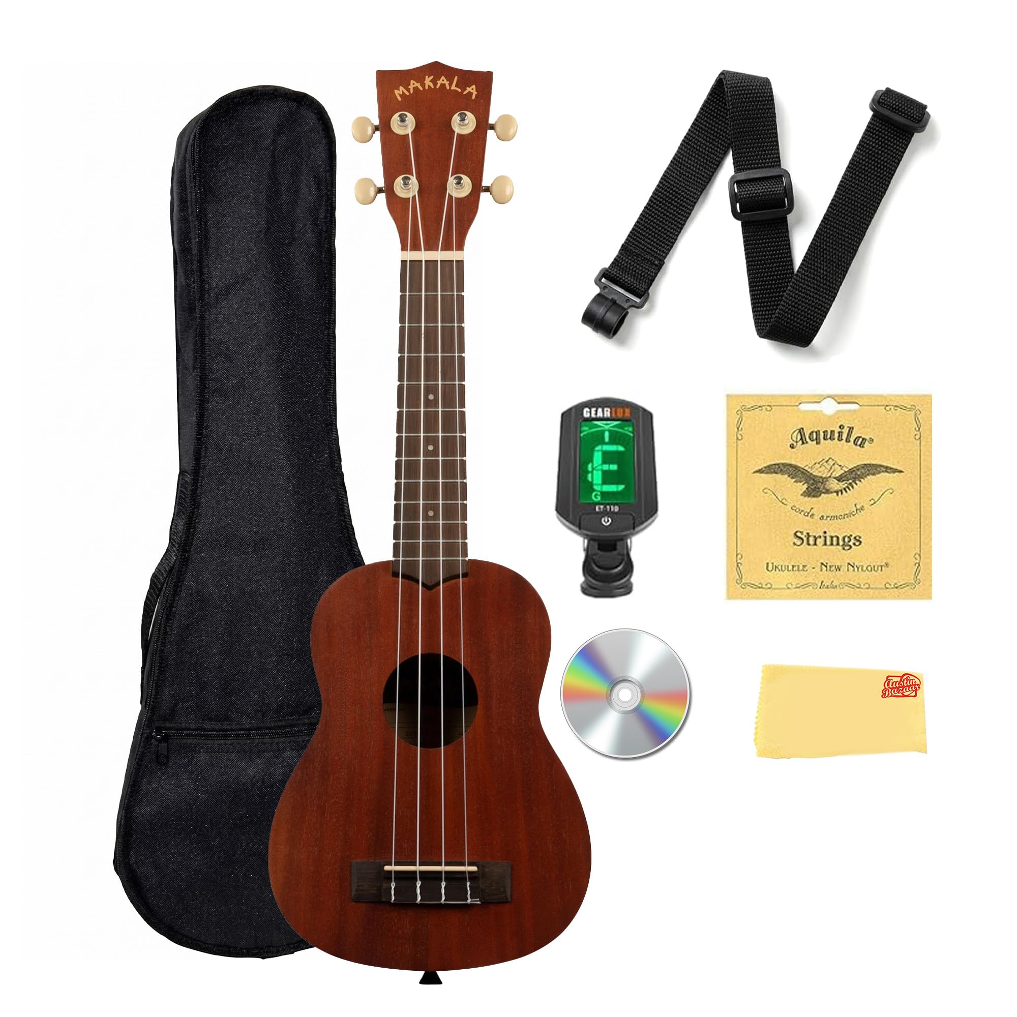 Kala MK-S Makala Soprano Ukulele Bundle with Gig Bag, Tuner, Strap, Aquila Strin