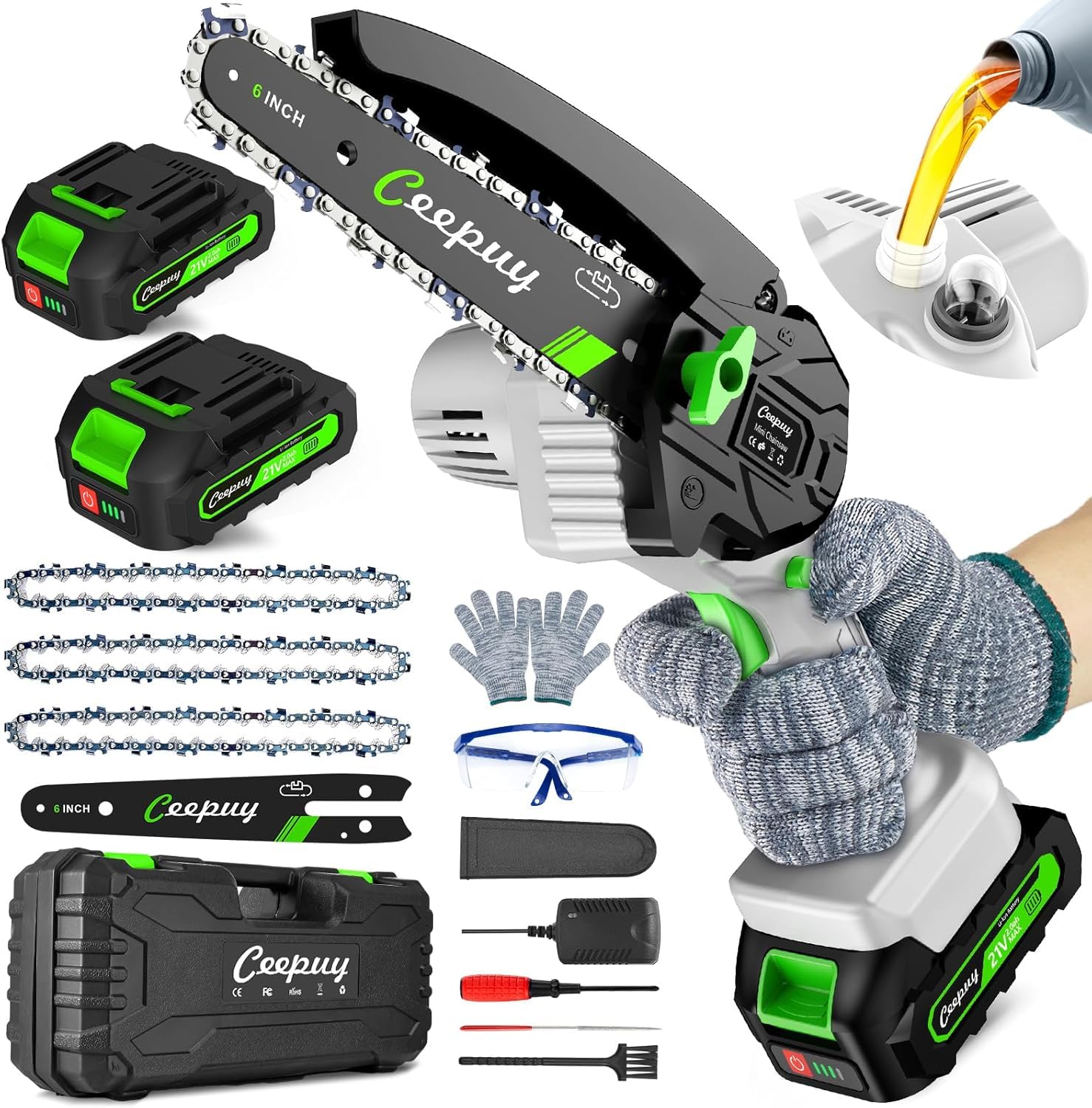 CEEPUY Mini Chainsaw Cordless,6 Inch Portable Electric Chainsaw with 2 Batterys/