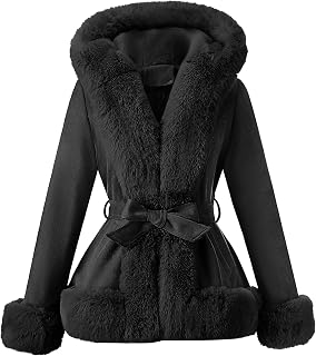 Bellivera Faux Fur Jacket Women Furry Trim Thicken Belted Parka