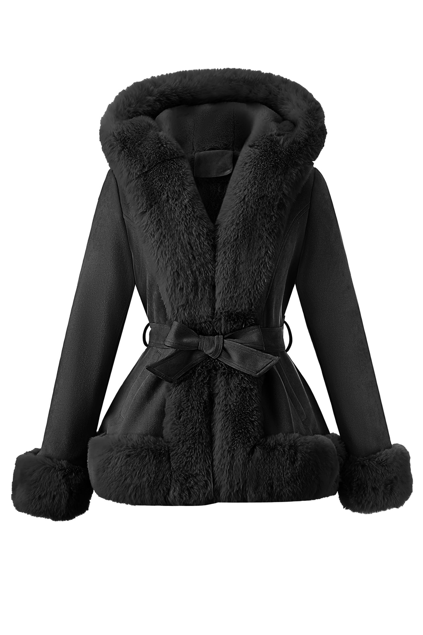 Bellivera Faux Fur Jacket Women Furry Trim Thicken Belted Parka