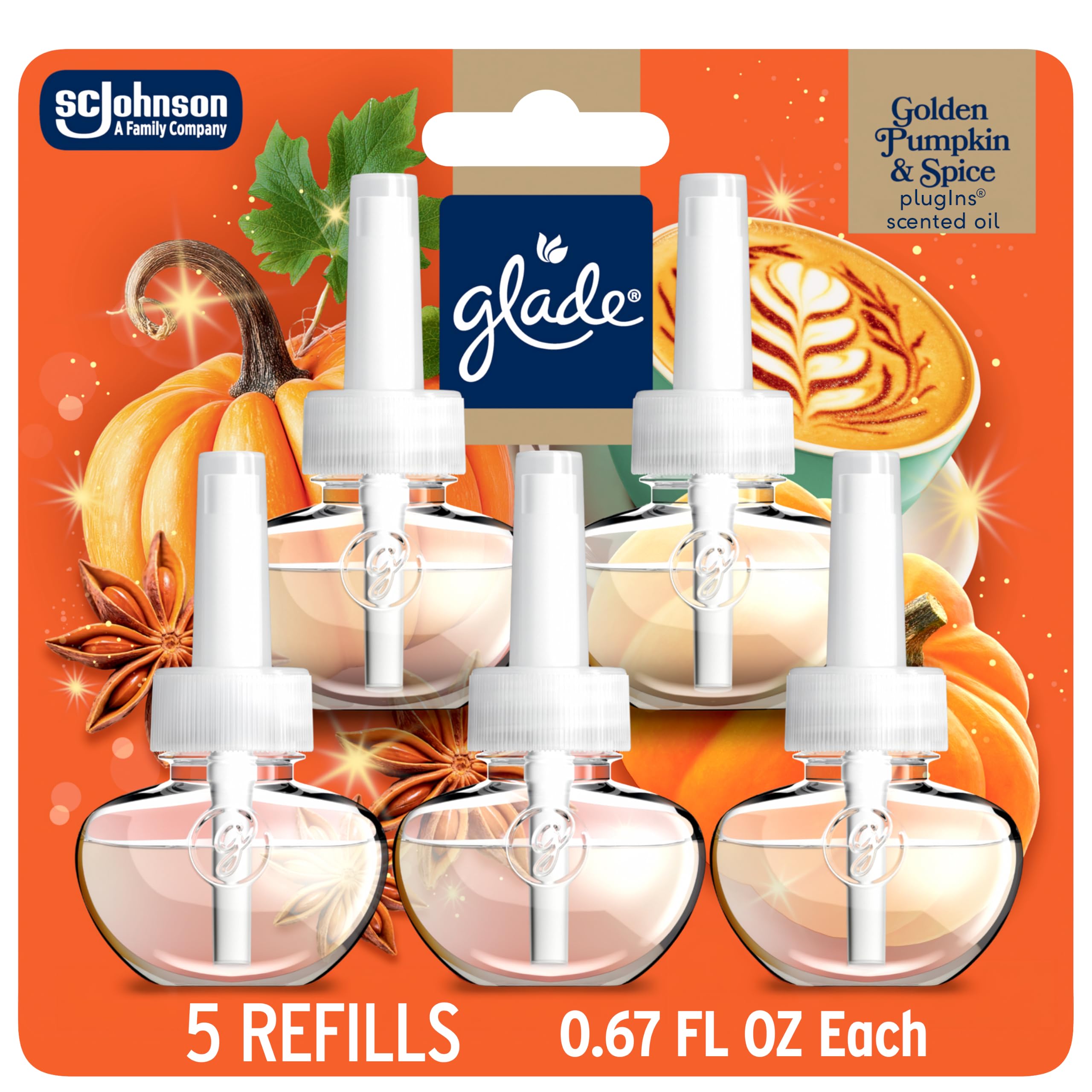 Glade® PlugIns® Scented Oil 5 Refills, Air Freshener, Golden Pumpkin & Spice, 3.