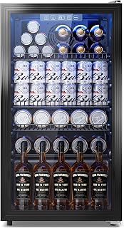 3.2 Cuft Beverage Fridge, 128 Can Mini Fridge, Glass Door, 35–65°F, Black | Adjustable Shelves for Wine & Beer, Digital Temp Display, Freestanding for Home & Office, Quiet Compressor Cooling