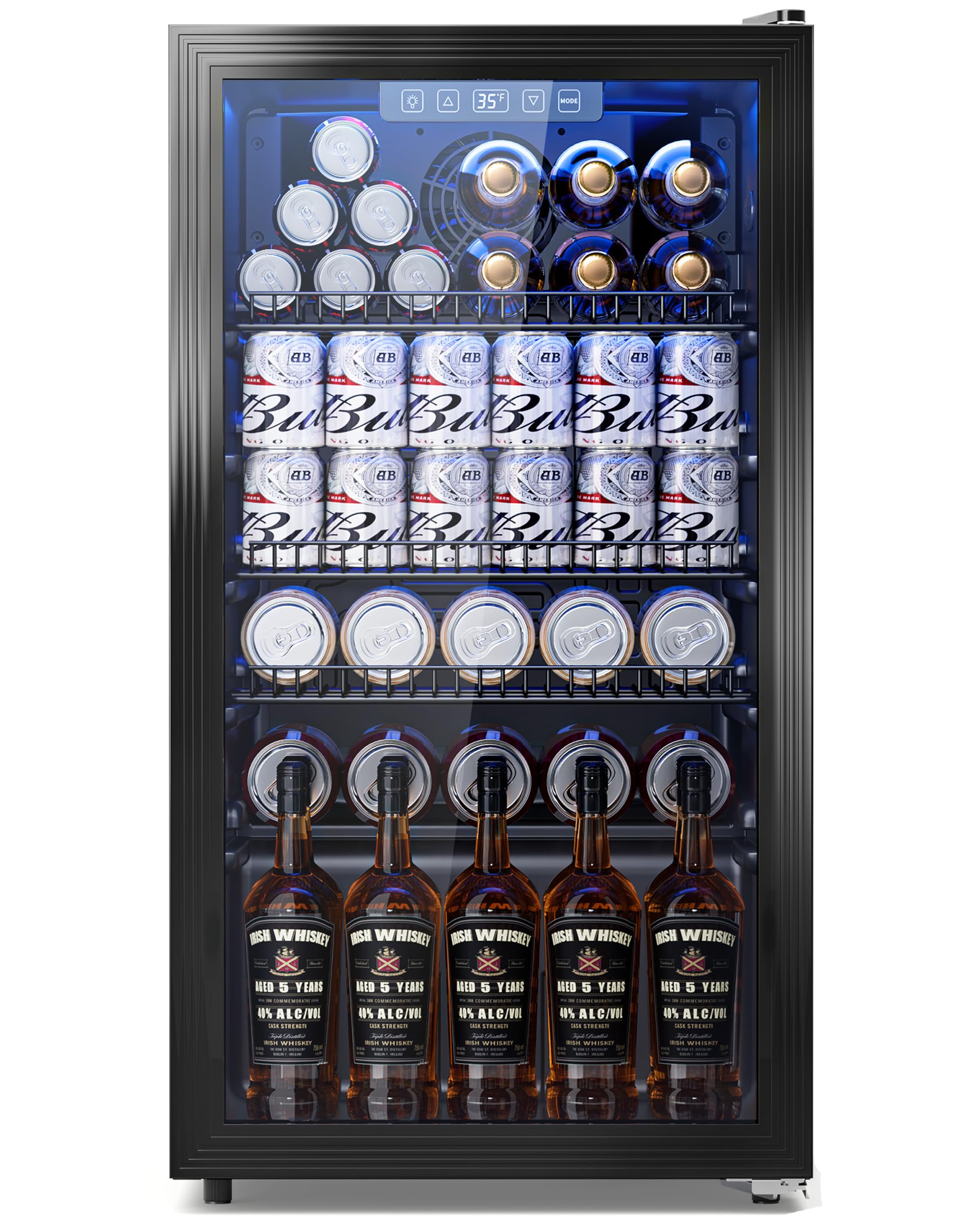 3.2 Cuft Beverage Fridge, 128 Can Mini Fridge, Glass Door, 35–65°F, Black | Adju