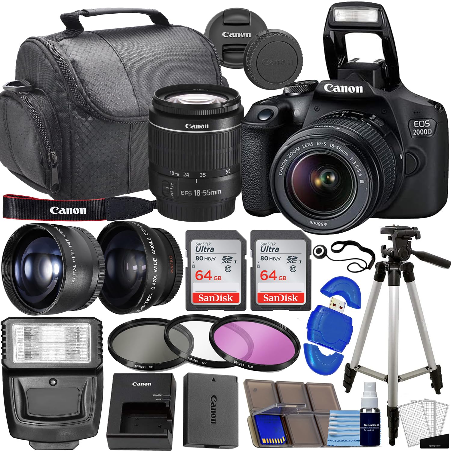 Canon EOS 2000D / Rebel T7 DSLR Camera w/EF-S 18-55mm f/3.5-5.6 Lens 3 Lens Kit: