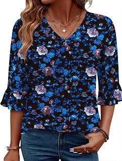 LOMON 3/4 Length Sleeve Womens Tops 2026 Spring V-Neck Ruffle Blouses Dressy Casual Shirts Beach Vacation Tunic