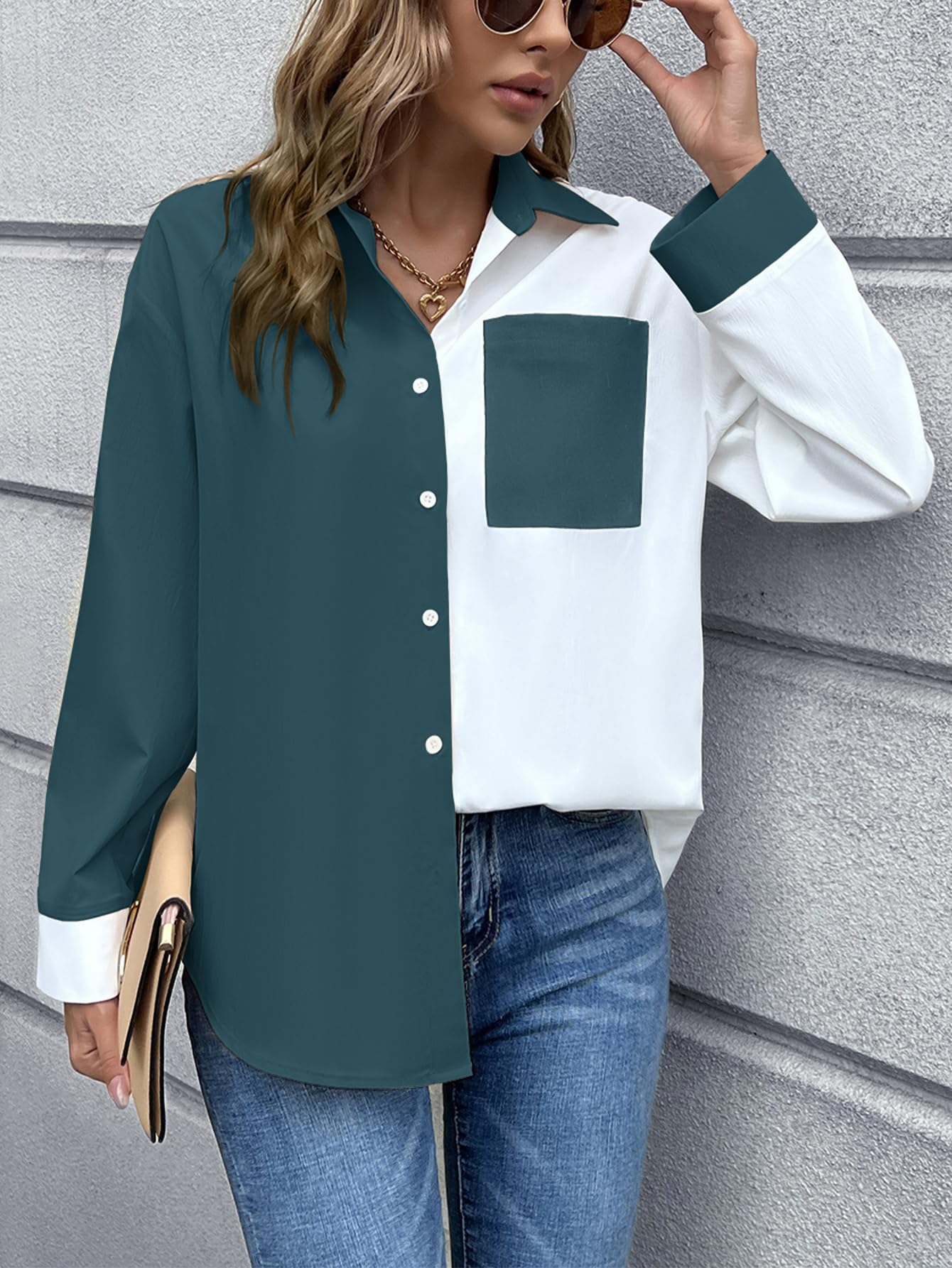 Women Button Down Long Sleeve Shirt Casual Dress Tops with Pockets