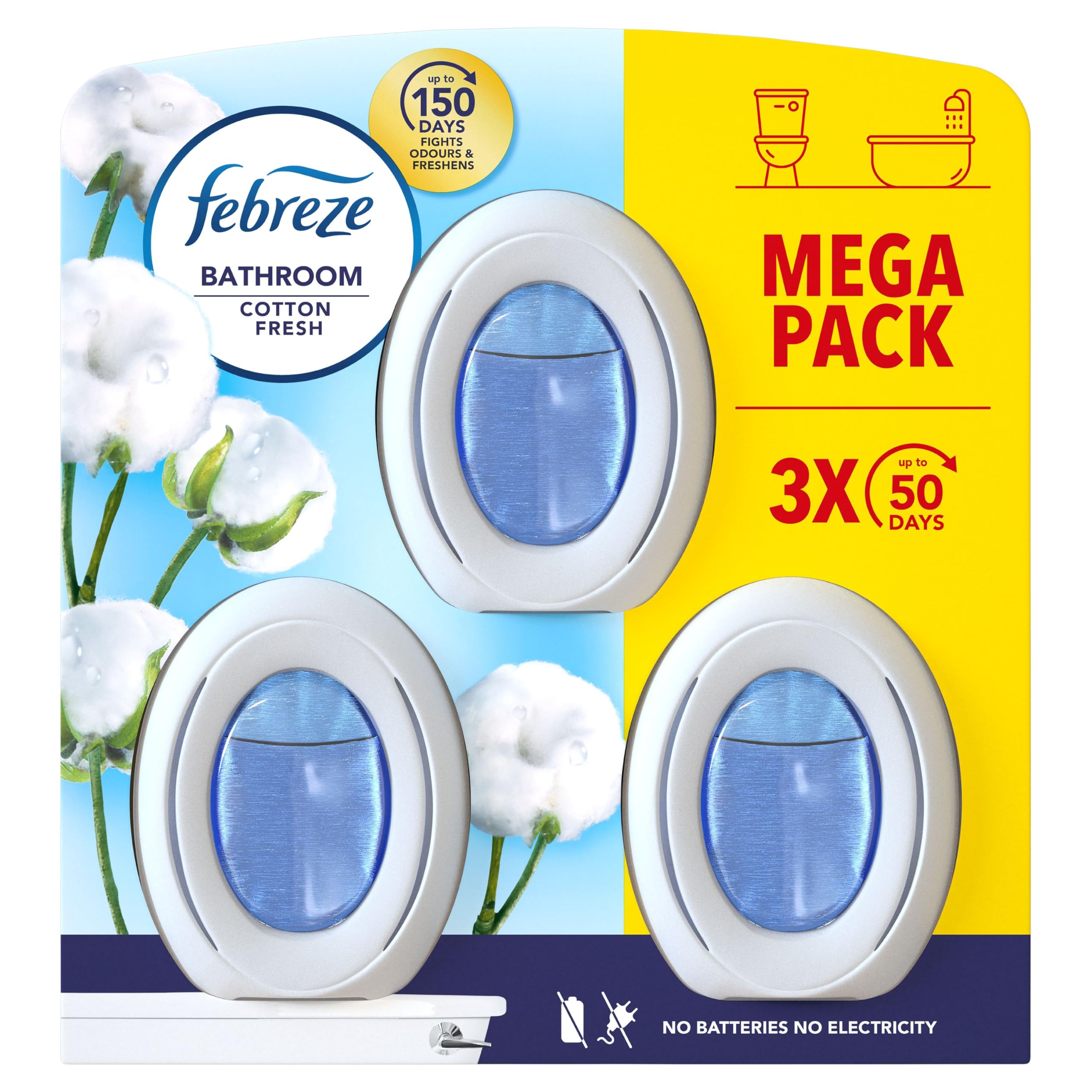 Febreze Bathroom, Continuous Air Freshener Cotton Fresh, 3 Unit, Fights Odour an