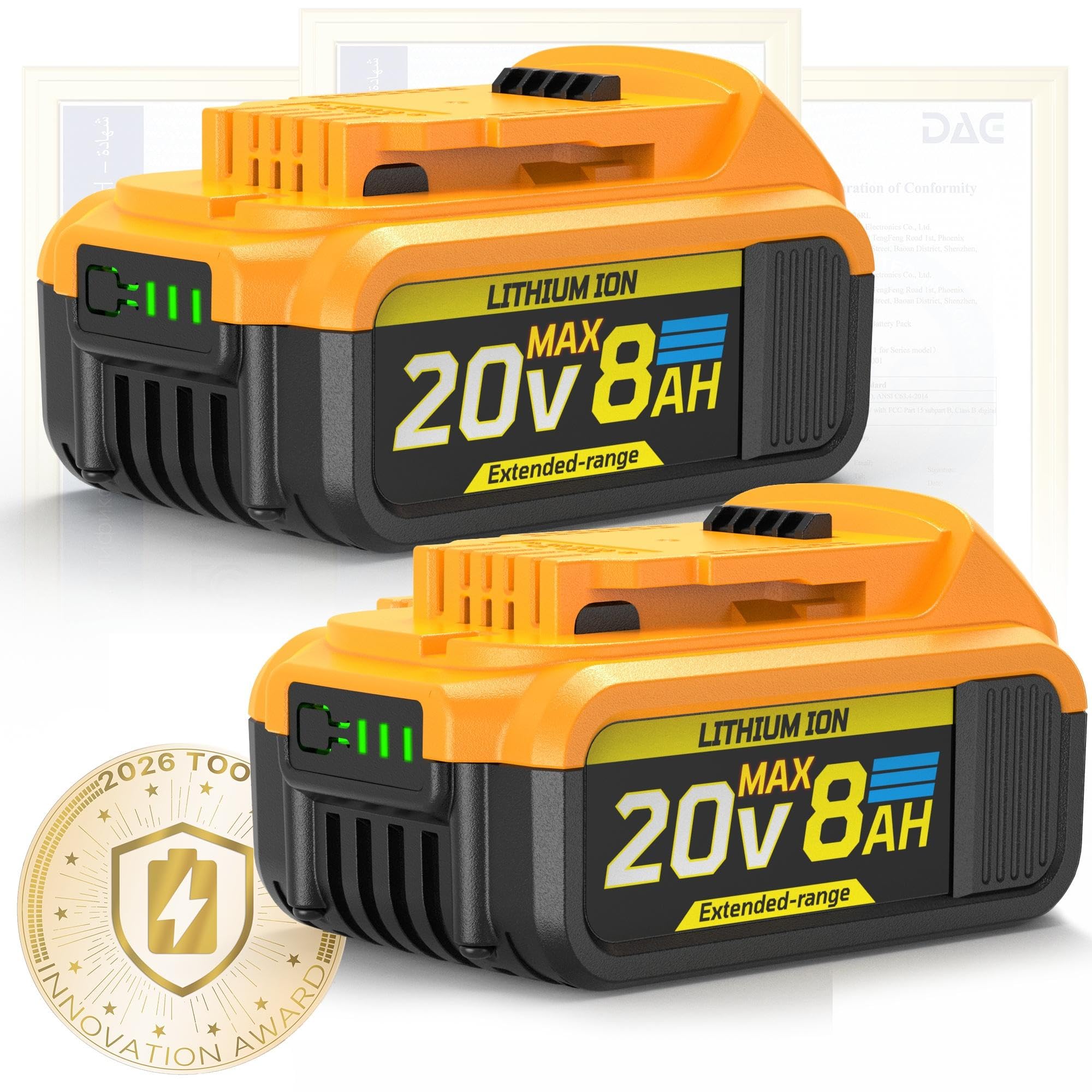 20V 8Ah Compatible with Dewalt Max Lithium-Ion Battery, 2-Pack (DCB208)