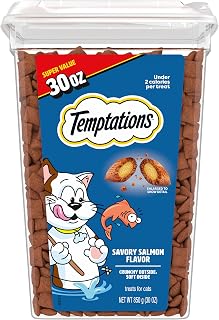 Temptations Classic Crunchy and Soft Cat Treats, Savory Salmon, 30 oz | Crunchy outside, soft inside, under 2 calories per treat, 100% complete & balanced for adult cats, resealable stay-fresh tub