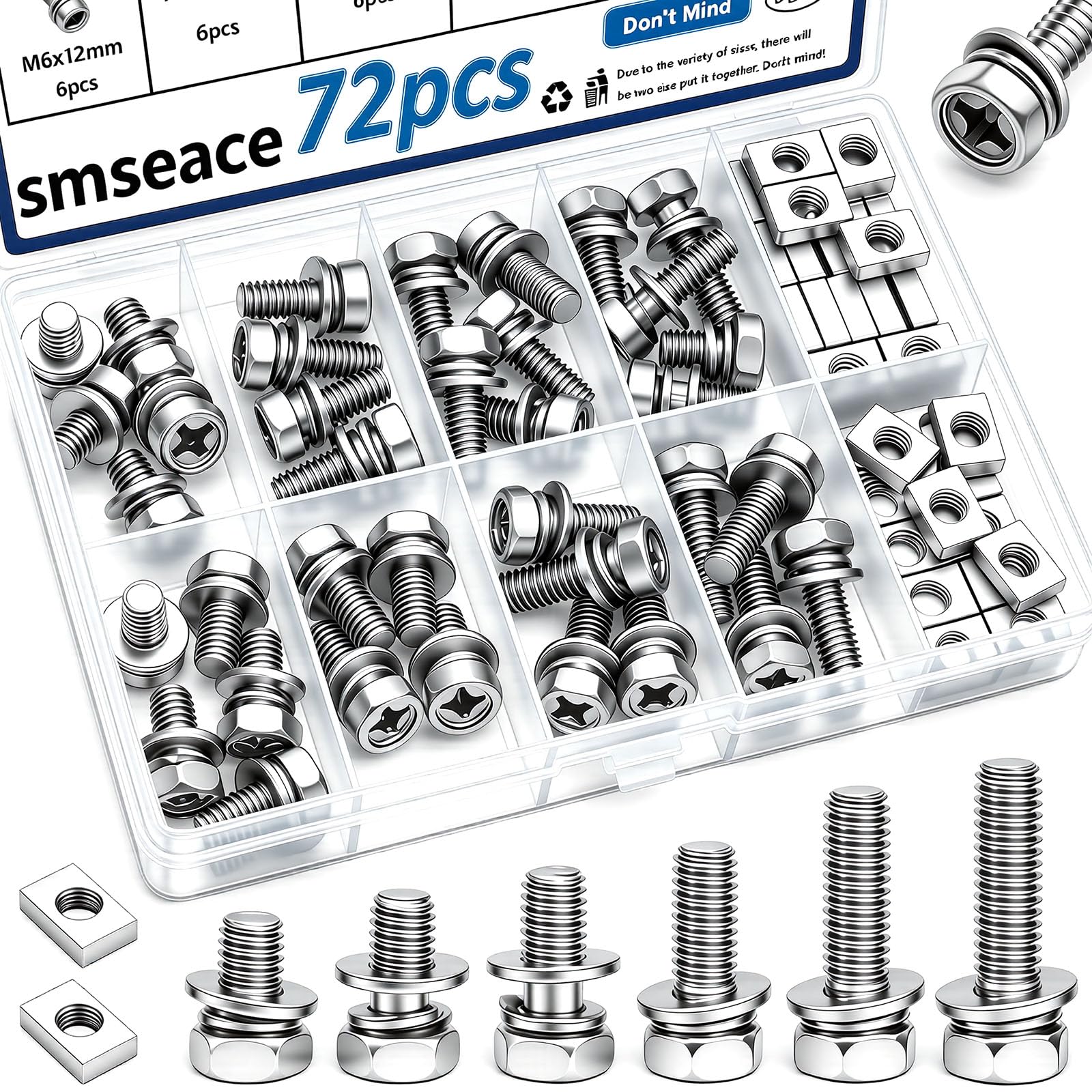 smseace 72Pack Battery Terminal Bolt 6-Sizes Atv Battery Bolts | M6x10/12/14/16/