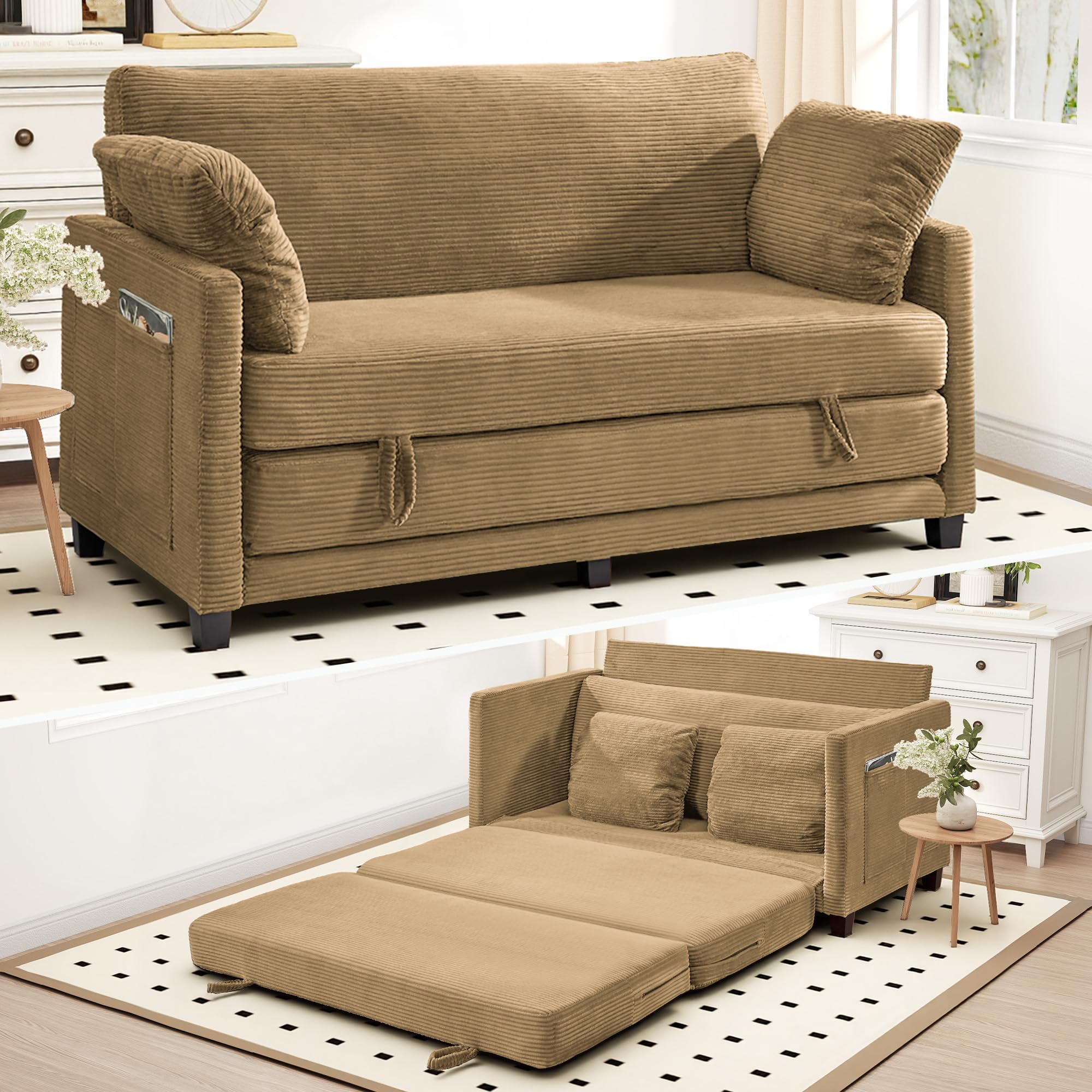 Myroyalsit 65" Convertible Loveseat Sofa Bed, 2-in-1 Folding Sofa Bed with 2 Pil