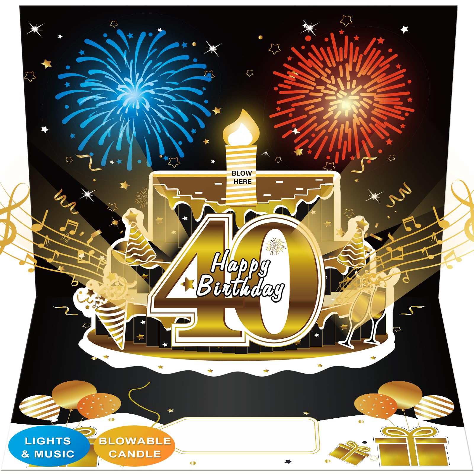 Happy 40th Birthday Music Card Gifts Pop Up 3D Cake Firework Light