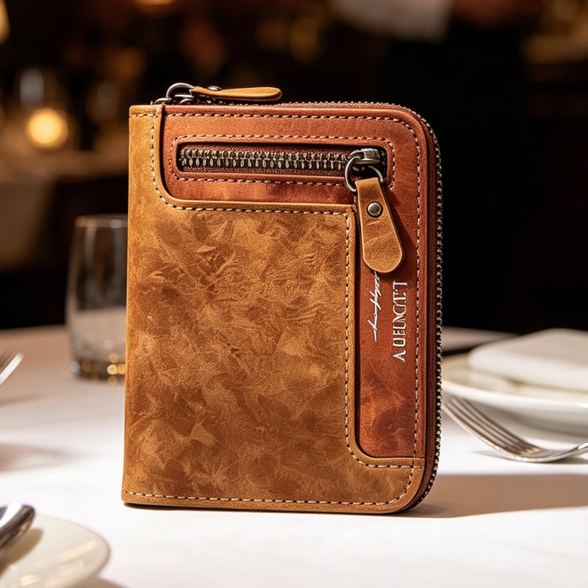 Men's Wallet Brown Zip Leather Bifold Design with 5 Card Slots ID Window Coin Po