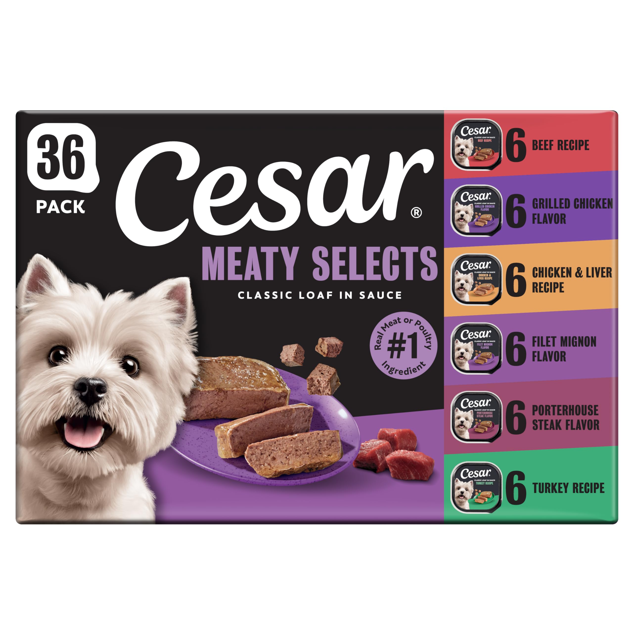 Cesar Classic Loaf in Sauce Wet Dog Food, Meaty Selects, 3.5 oz, 36 Count | Real