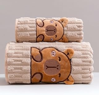 Capybara Super Soft Fleece Bath & Hand Towel Set of 2 Absorbent Plush Towels for Kids and Adults Skin-Friendly and Machine Washable Khaki