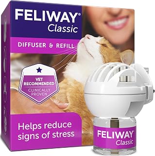 FELIWAY Classic Cat Calming Plug-In Pheromone Diffuser Starter Kit | Helps Solve Common Signs of Stress in Cats Like Urine Spraying, Scratching and Hiding, Drug-Free, Odourless, 30 day supply