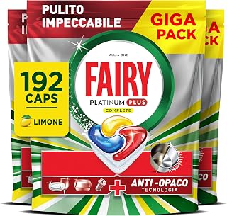 Fairy Platinum Plus All-in-One Dishwasher Tablets, 192 Caps, Lemon | Capsule Detergent, Brilliant Crockery, Grease Removal, Effective in Short Cycles at First Wash, Anti-Opaque, Giga Pack