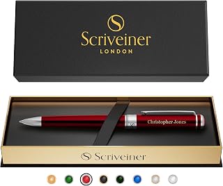 Scriveiner Personalised Pen Deep Crimson Red - Stunning Red Lacquer Luxury Pen with Chrome Finish, Schmidt Ink Refill, Best Engraved Ball Point Gift Set for Men & Women, Custom Name Engraving
