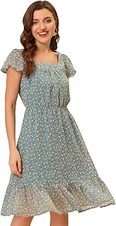 Allegra K Womens Midi Floral Chiffon Dresses Flutter Sleeve Ruffled Dress