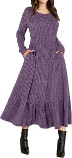 ANRABESS Womens Long Sleeve Midi Dress 2025 Fall Rib Knit Crew Neck A Line Soft Flowy Swing Dresses with Pocket Casual Trendy