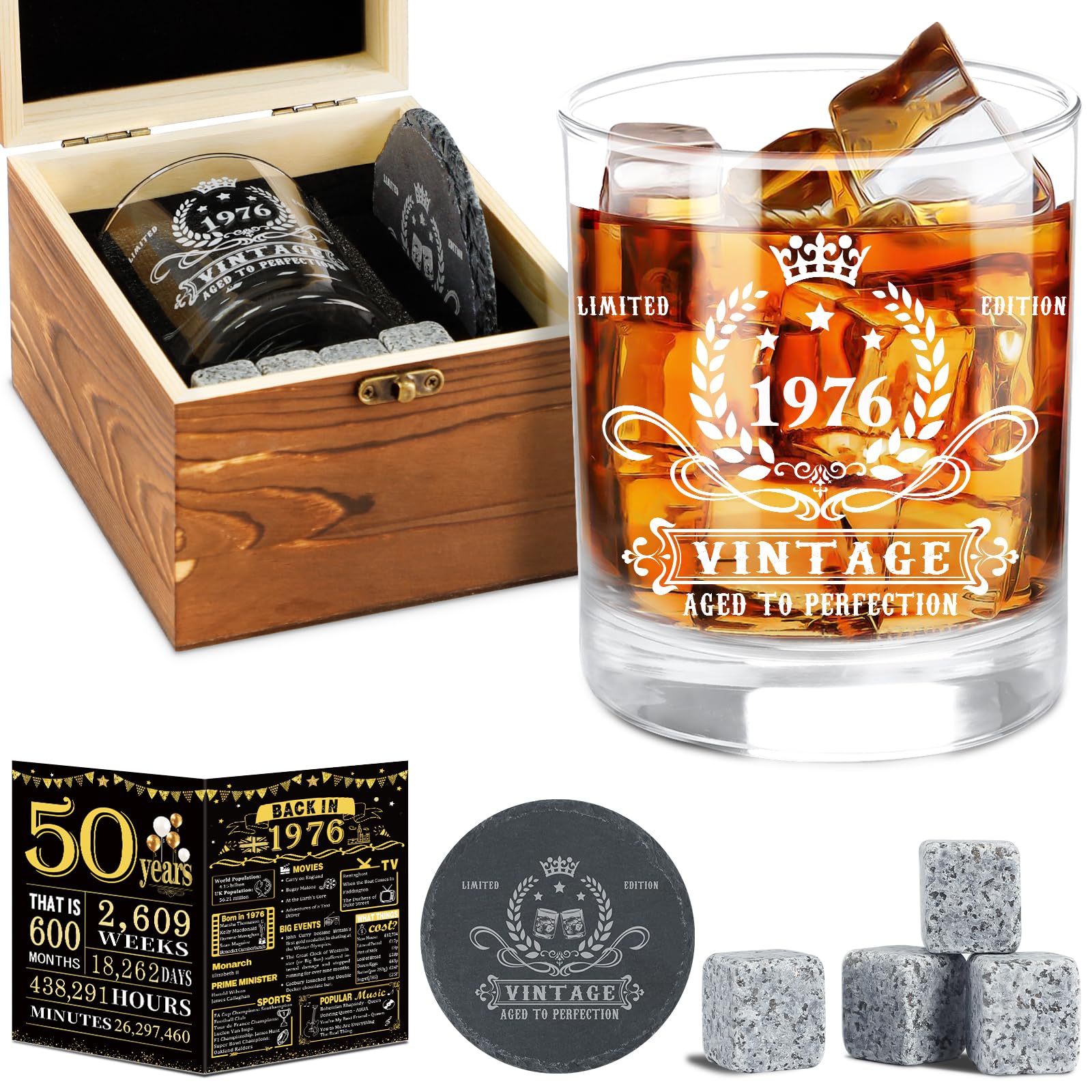 50th Birthday Gifts for Men,Vintage 1976 Whiskey Glass Set