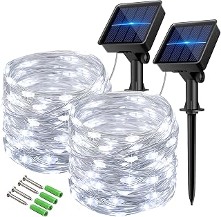 Solar String Lights Outdoor, Fairy Lights Waterproof, 2 Pack Total 12M/ 40Ft 120LEDS/ 8 Mode Copper Wire Solar Lights Outdoor Garden for Party, Trees,Camping, Decorations(Cold White)