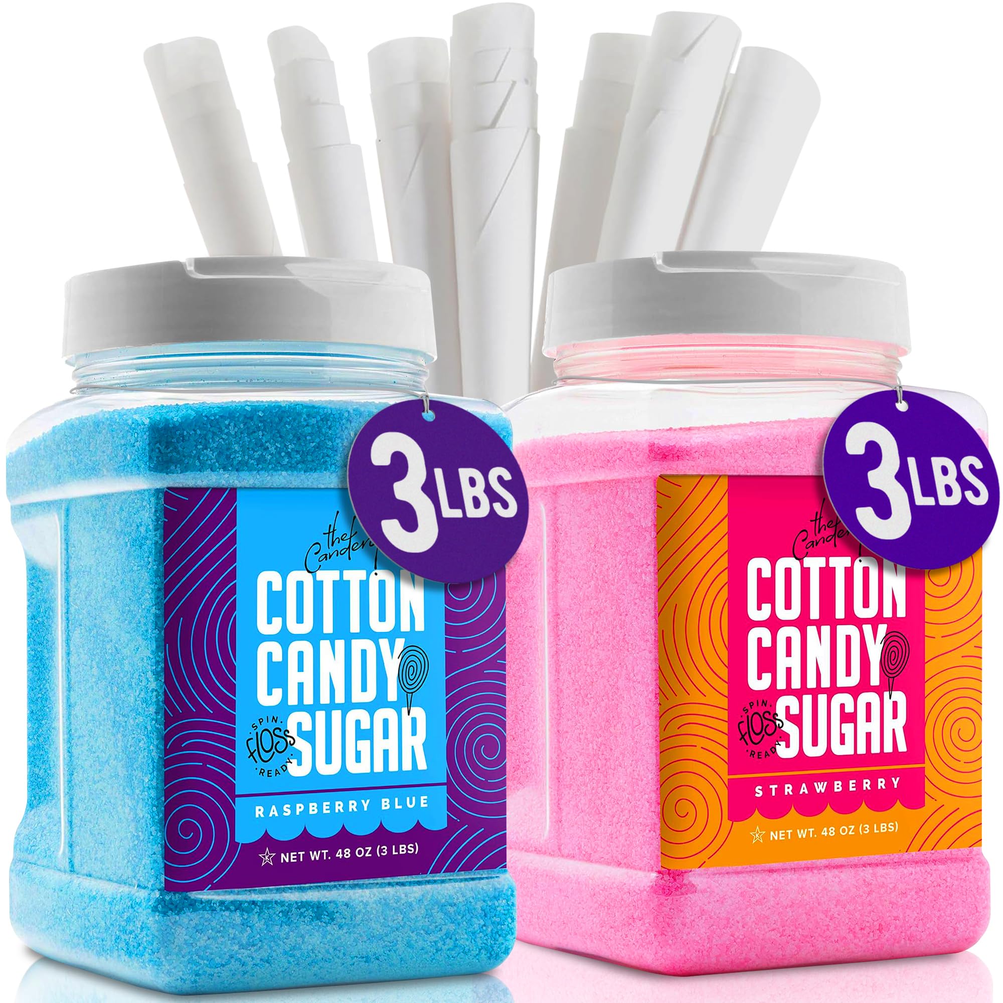 The Candery Cotton Candy Floss Sugar (2-Pack) Includes 100 Premium Cones | Raspb