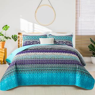 WONGS BEDDING Boho Quilts Queen Size, 3 Pieces Bedspread Bedding Set, Blue | Bohemian Lightweight Microfiber, Breathable All-Season Coverlet with Shams, Fits Queen 96"x90", Bedroom, Guest Room