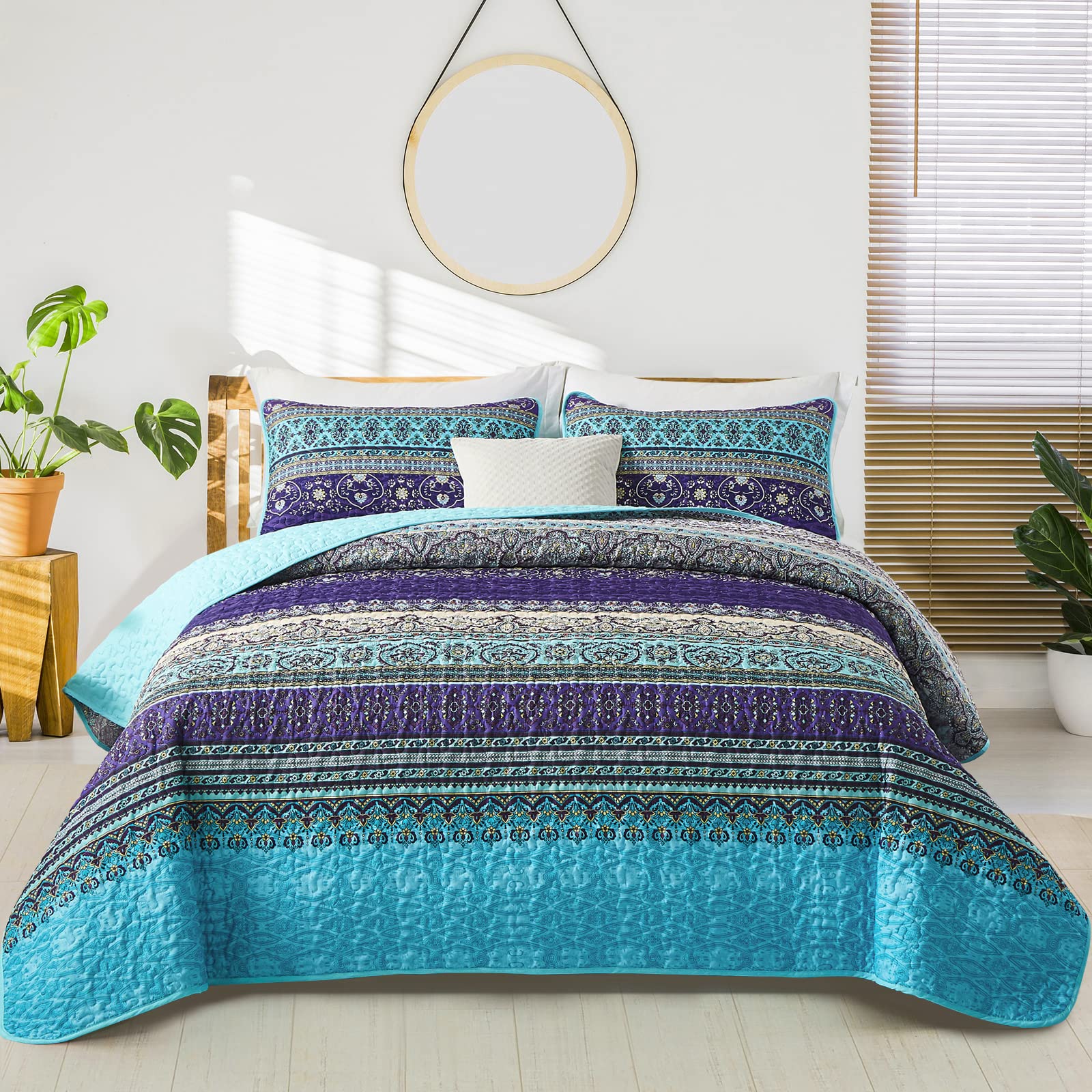 WONGS BEDDING Boho Quilts Queen Size, 3 Pieces Bedspread Bedding Set, Blue | Boh