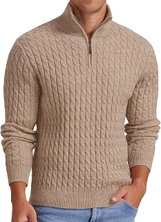 Askdeer Men's Quarter Zip Pullover Sweater Cable Knit Mock Neck Polo Sweater Classic Casual Sweater with Ribbing Edge