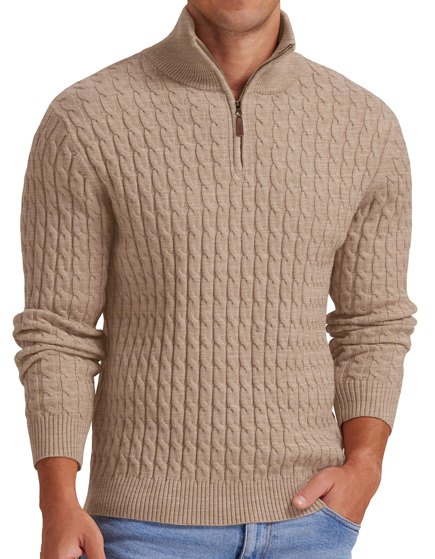 Askdeer Men's Quarter Zip Pullover Sweater Cable Knit Mock Neck Polo Sweater Cla