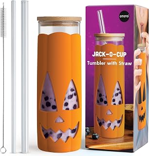 OTOTO NEW Jack-o-Cup Glass Cups with Lid and Straws - Glass Coffee Tumbler with Straws, Halloween, Goth, Witchy Gifts, Iced Coffee Cups, Glass tumbler with Bamboo Lid, 16.9oz