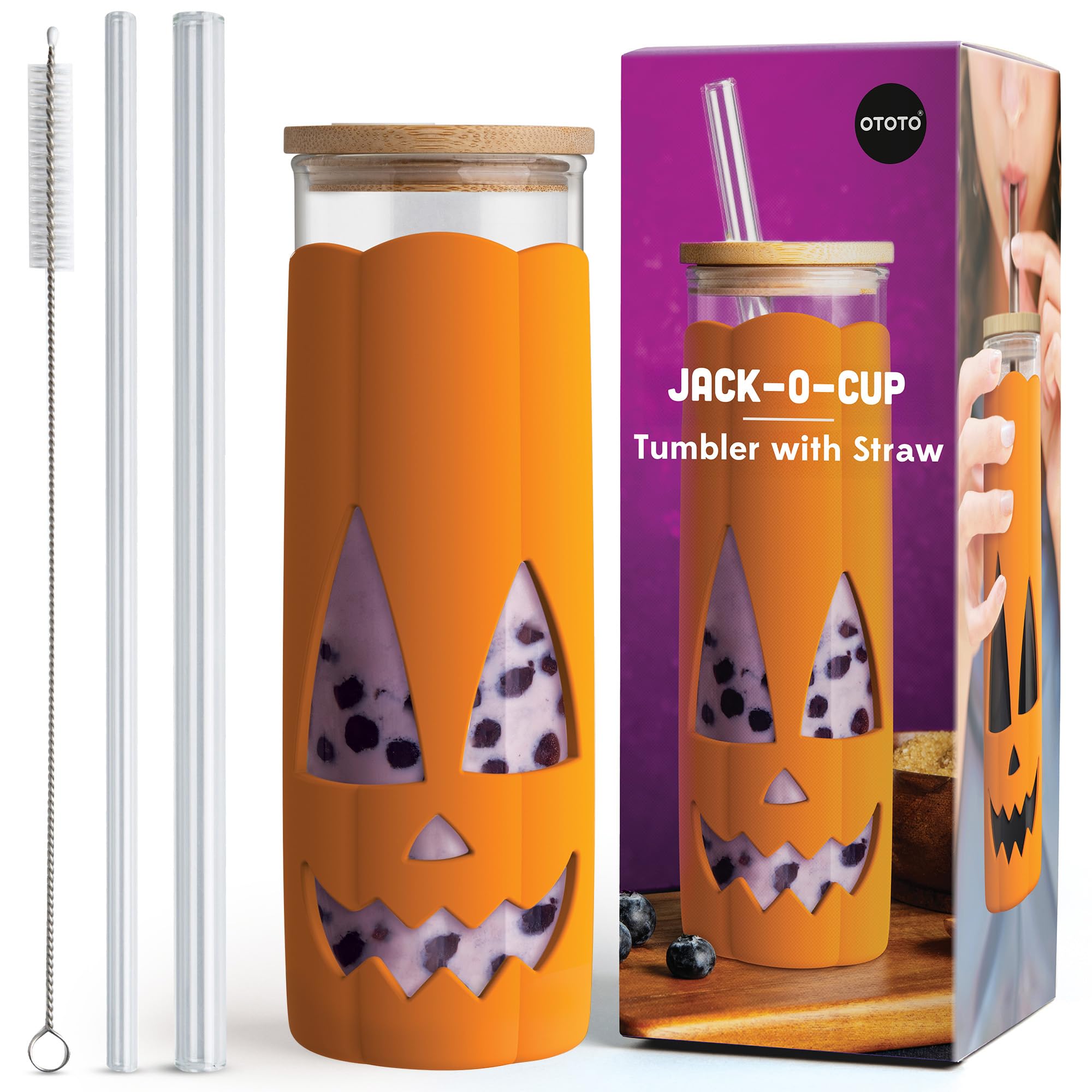 OTOTO NEW Jack-o-Cup Glass Cups with Lid and Straws - Glass Coffee Tumbler with 