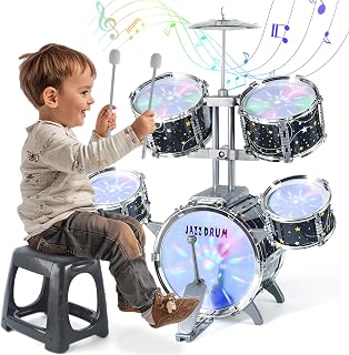 CAPTAIN CHAOWING Kids Drum Set for Toddlers 3-5, Light up Jazz Drum Toy 5-7 | Upgraded Jazz Drum Set for Kids, Musical Instrument Toys & Lights & All Plastic, Beginner Kit for Boys Girls Aged 3-5 4-6 5-7