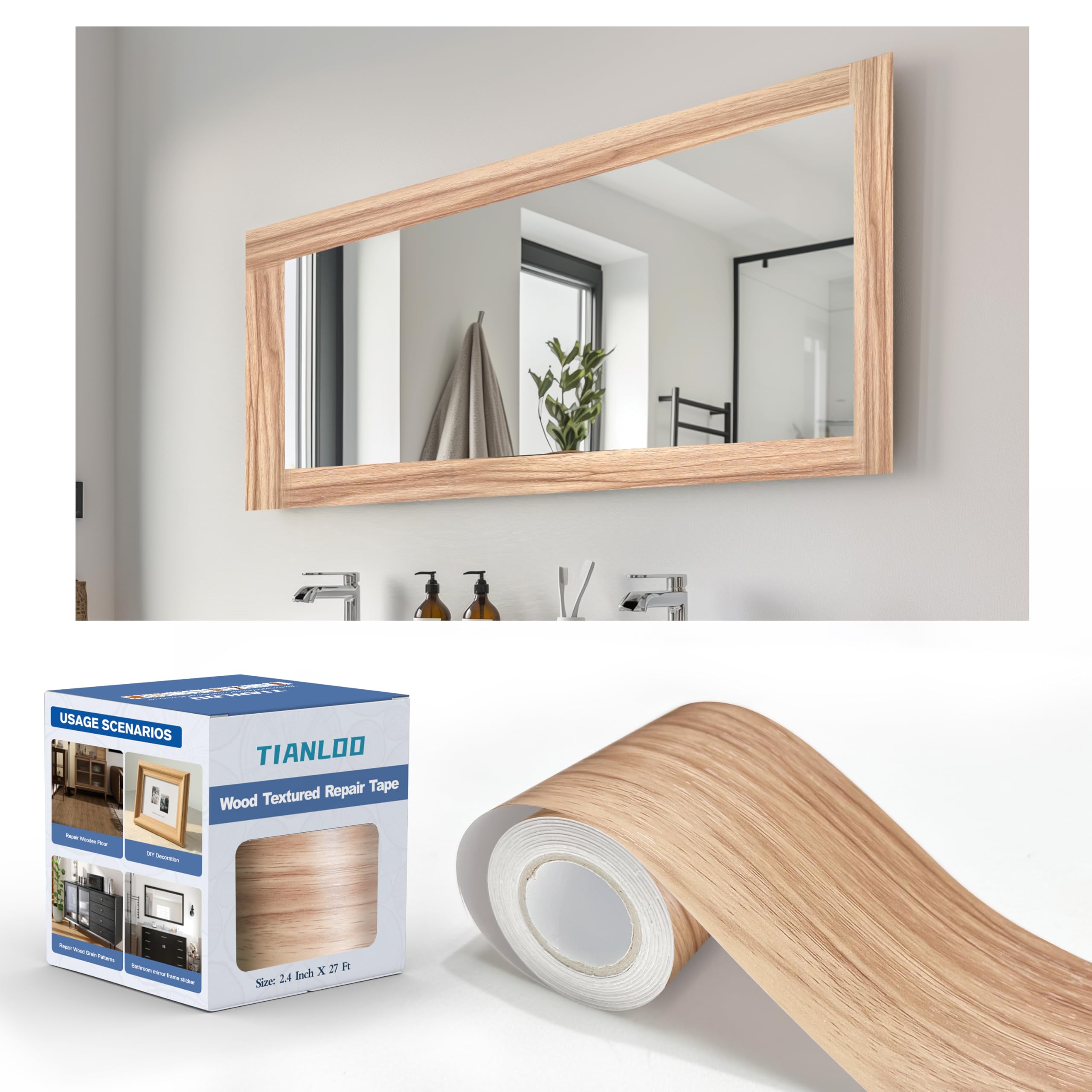 TIANLDD 27 FT Wood Grain Wallpaper Border, Removable Waterproof Mirror border Pe