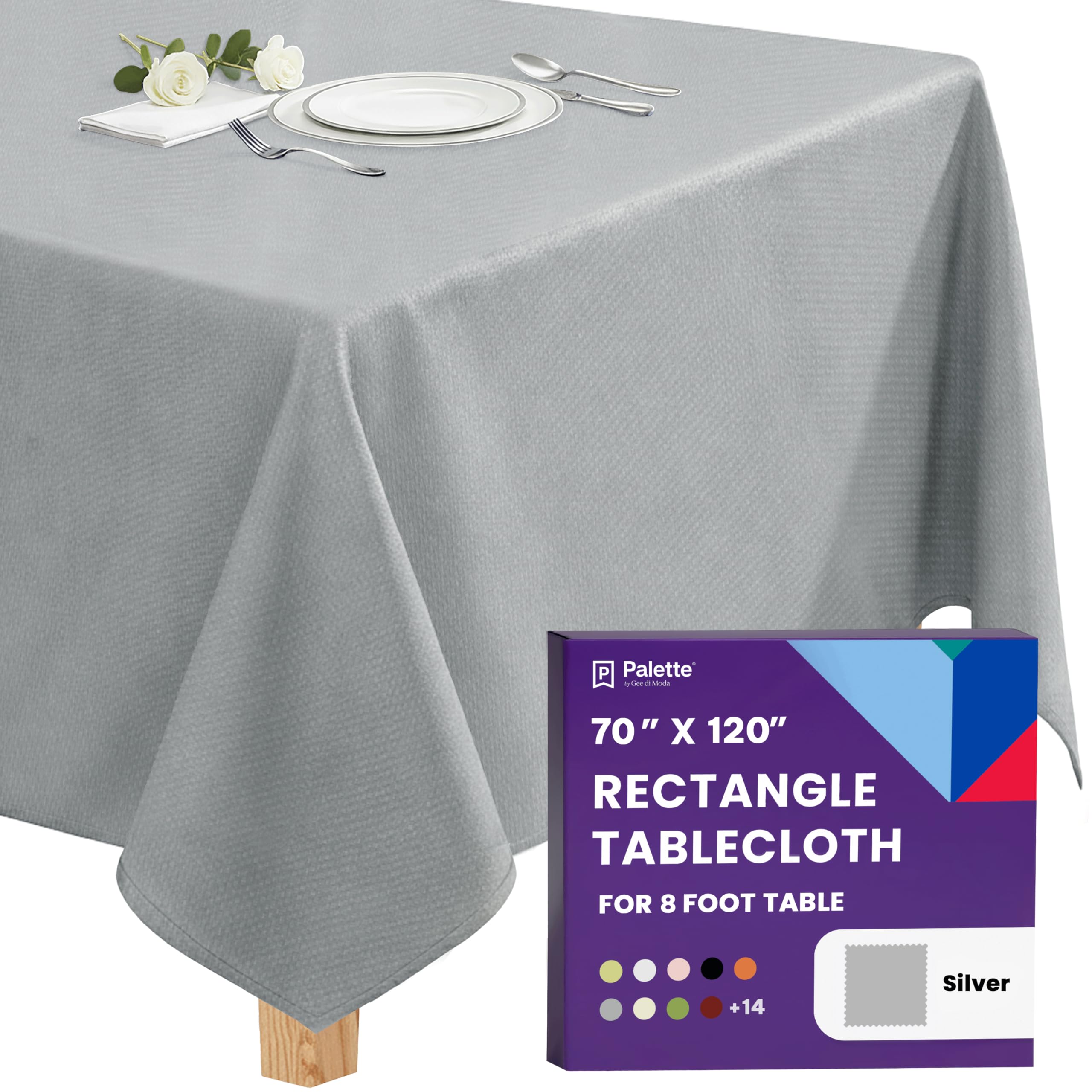 Gee Di Moda Rectangle Tablecloth - 70 x 120 Inch Silver Table Cloth for 6 or 8 F