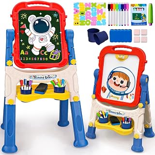 Easel Kids Easel White Board & Chalkboard Double Side Adjustable Standing with Painting Accessories, Educational Toys for Kids 4-6 Birthday Present for Boys and Girls (Blue)