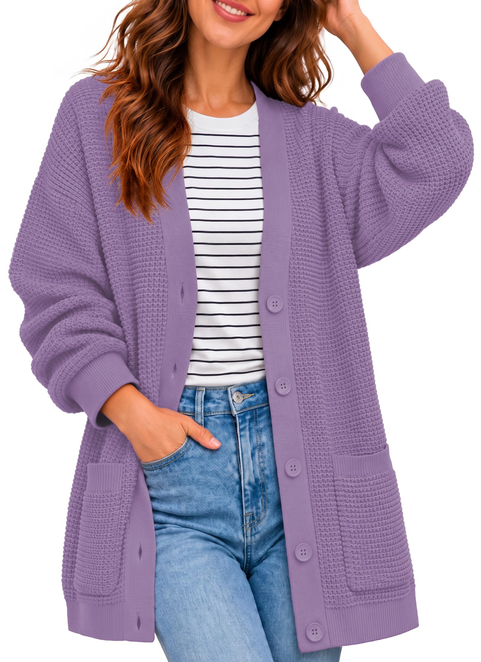 QUALFORT Cardigan da donna a maniche lunghe con apertura frontale, Viola chiaro,