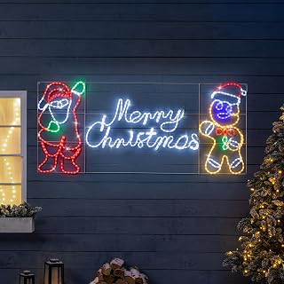 Christow Merry Christmas Rope Light Sign, Santa & Gingerbread Man, 173.5cm | Red, White, Green, Amber & Blue LEDs, Neon-Style Glow, 7 Flash Speeds & Static, Indoor & Outdoor Use, Mains Powered, 5m Cable