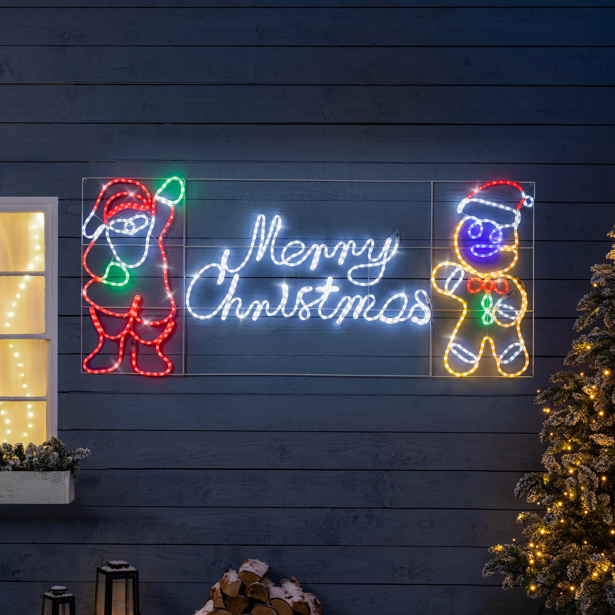 Christow Merry Christmas Rope Light Sign, Santa & Gingerbread Man, 173.5cm | Red