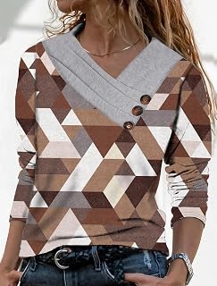 Women Casual Tops Long Sleeve V Neck Button Print Design Loose Fit