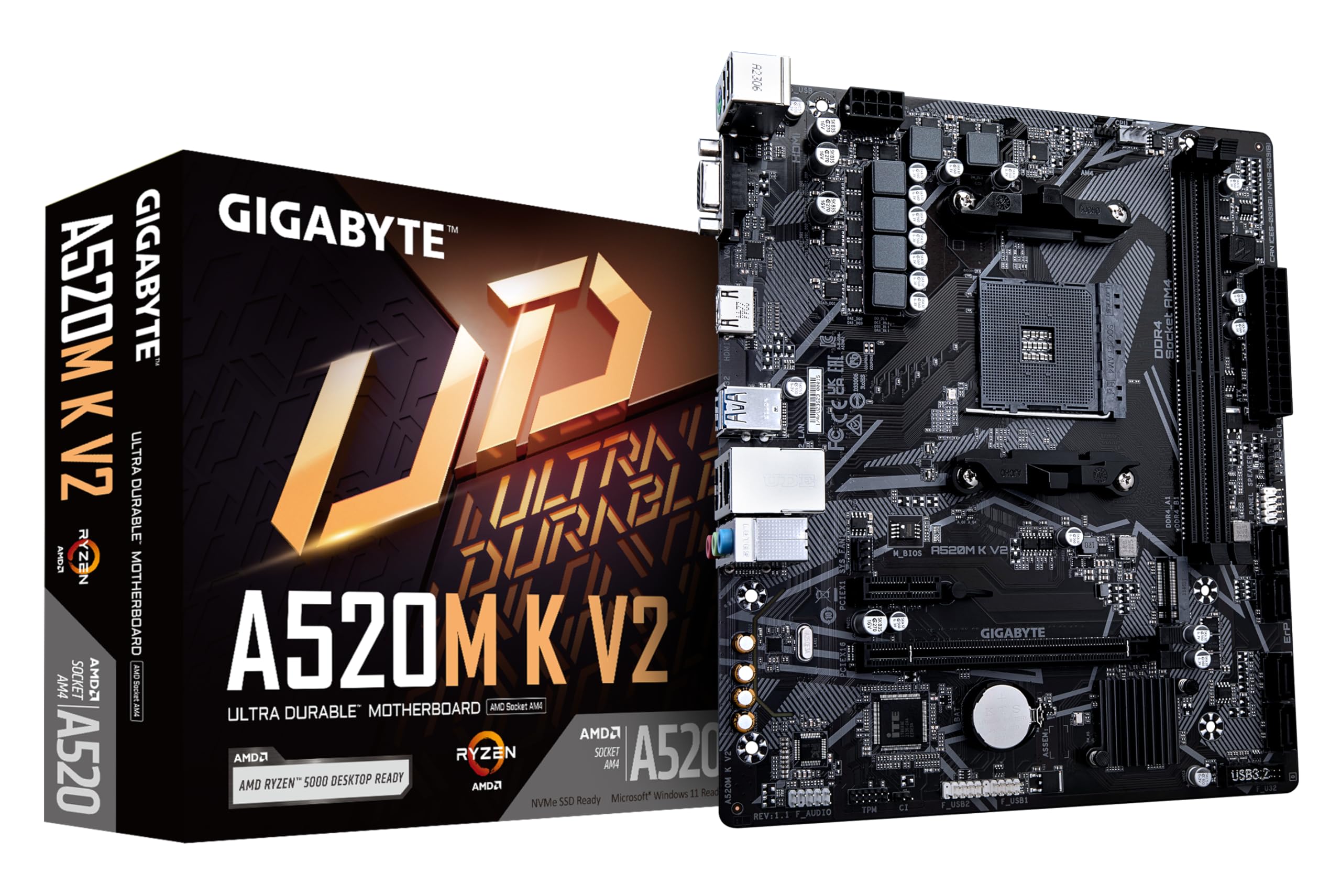 Gigabyte A520M K V2 Motherboard - Supports AMD Ryzen 5000 Series AM4 CPUs, up to