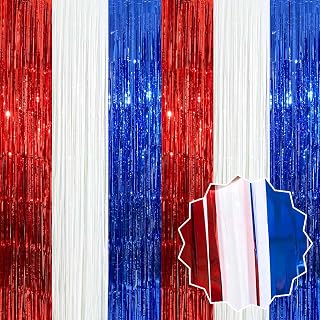 3 Pack White Blue Red Foil Fringe Curtains Backdrop, 3.28 x 8.2 Ft Metallic Streamers Tinsel Curtains Background for Photo Booth, Birthday, Christmas, Halloween, New Year Party Decorations