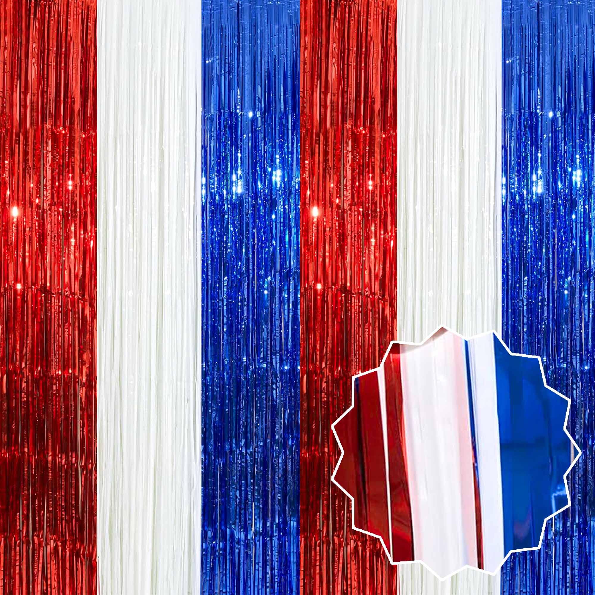 3 Pack White Blue Red Foil Fringe Curtains Backdrop, 3.28 x 8.2 Ft Metallic Stre
