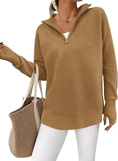 PRETTYGARDEN Women Long Sleeve Quarter Zip Casual V Neck Ribbed Collar Thumbhole Sweater