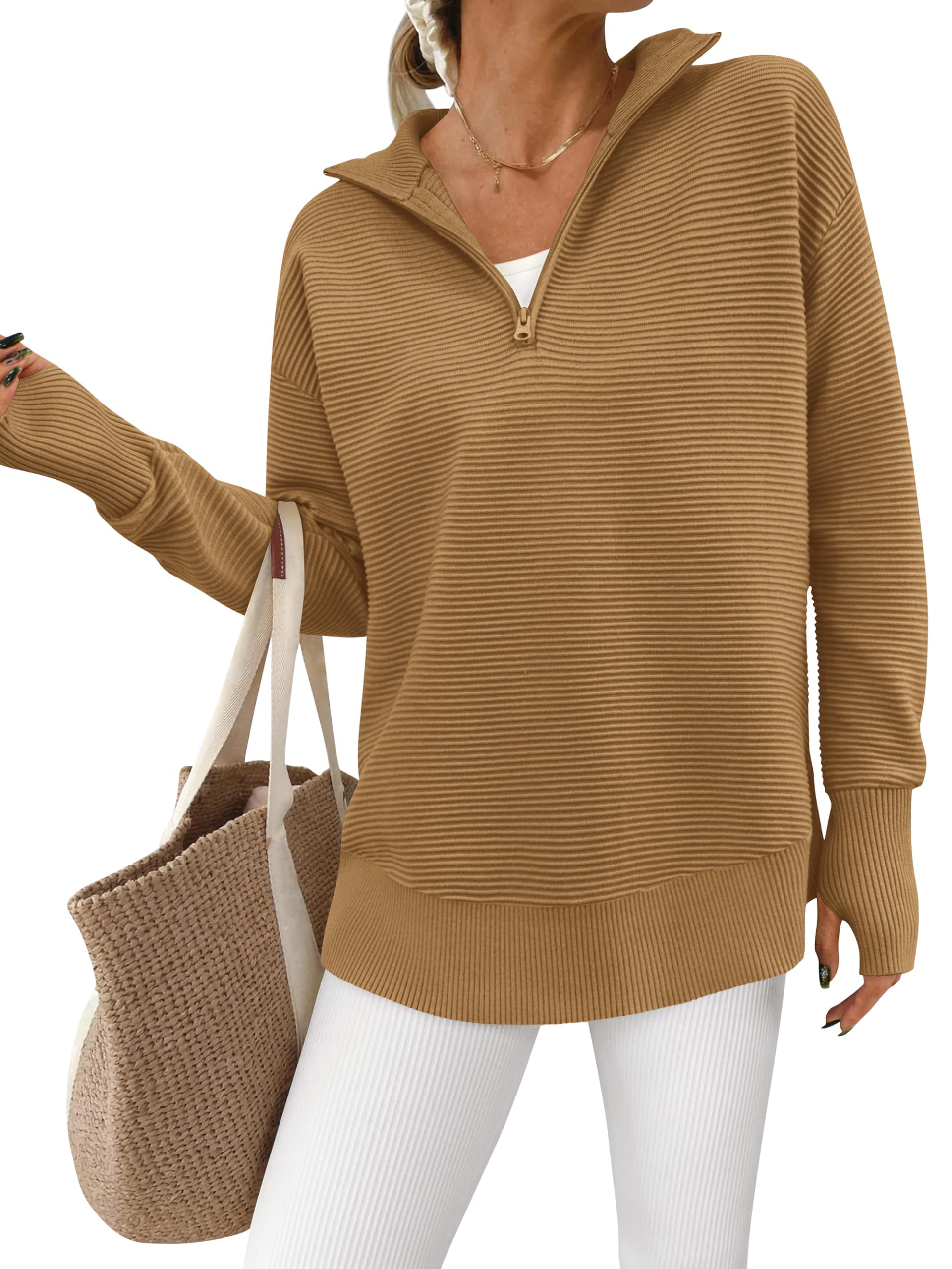 PRETTYGARDEN Women Long Sleeve Quarter Zip Casual V Neck Ribbed Collar Thumbhole