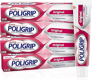 Super Poligrip Original Denture Adhesive Cream, 2.4 oz (4 Pack) | Strong All-Day Hold, Food Seal, Comfort, Clinically Proven, Fresh Mint Flavor, Zinc-Free, HSA And FSA Eligible