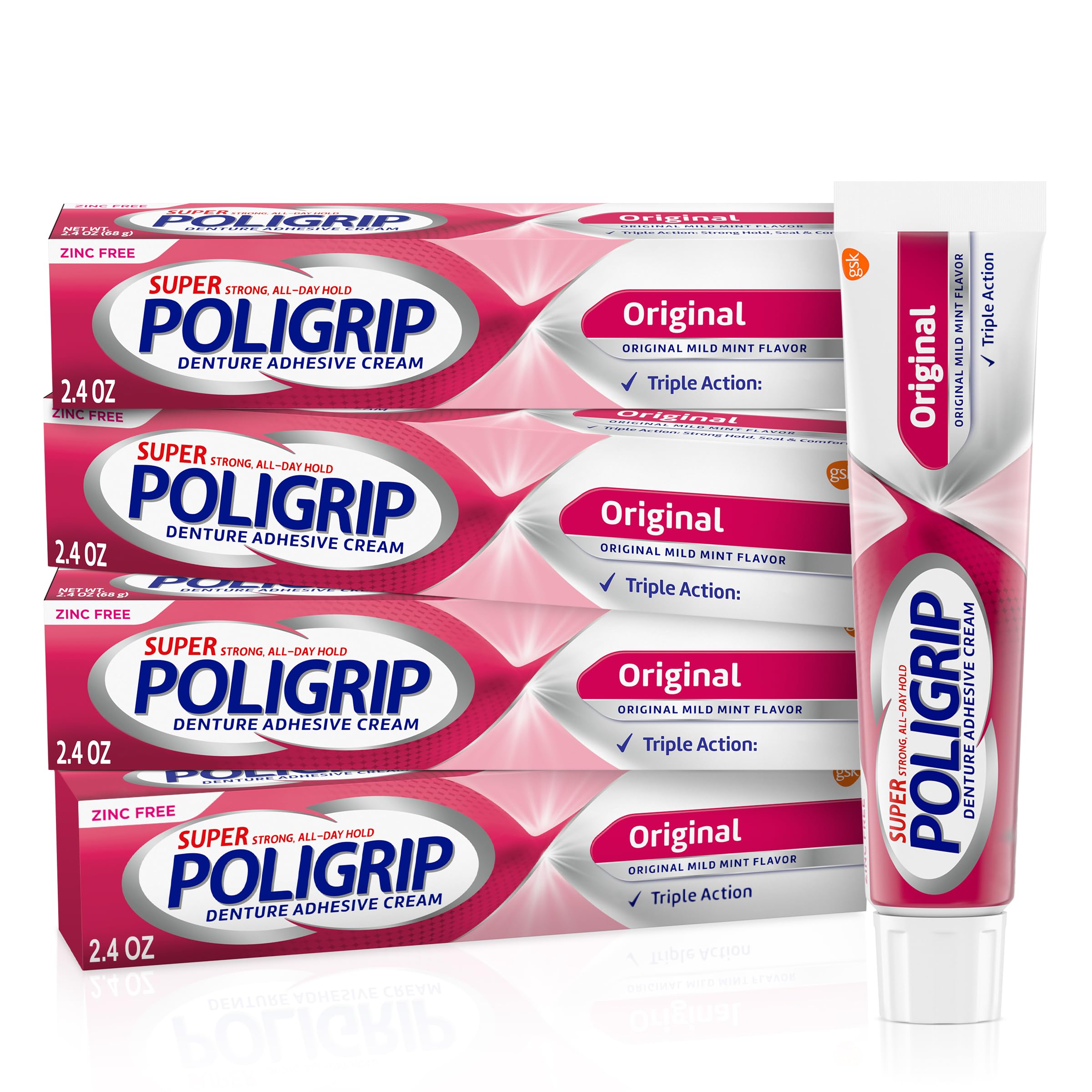 Super Poligrip Original Denture Adhesive Cream, 2.4 oz (4 Pack) | Strong All-Day